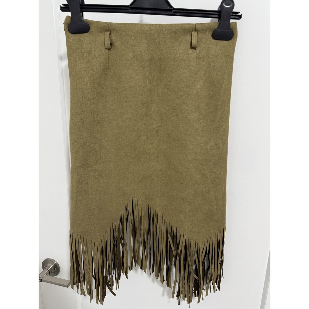 SESAME Olive‎ Green Faux Suede Fringe Skirt Boho Western Festival